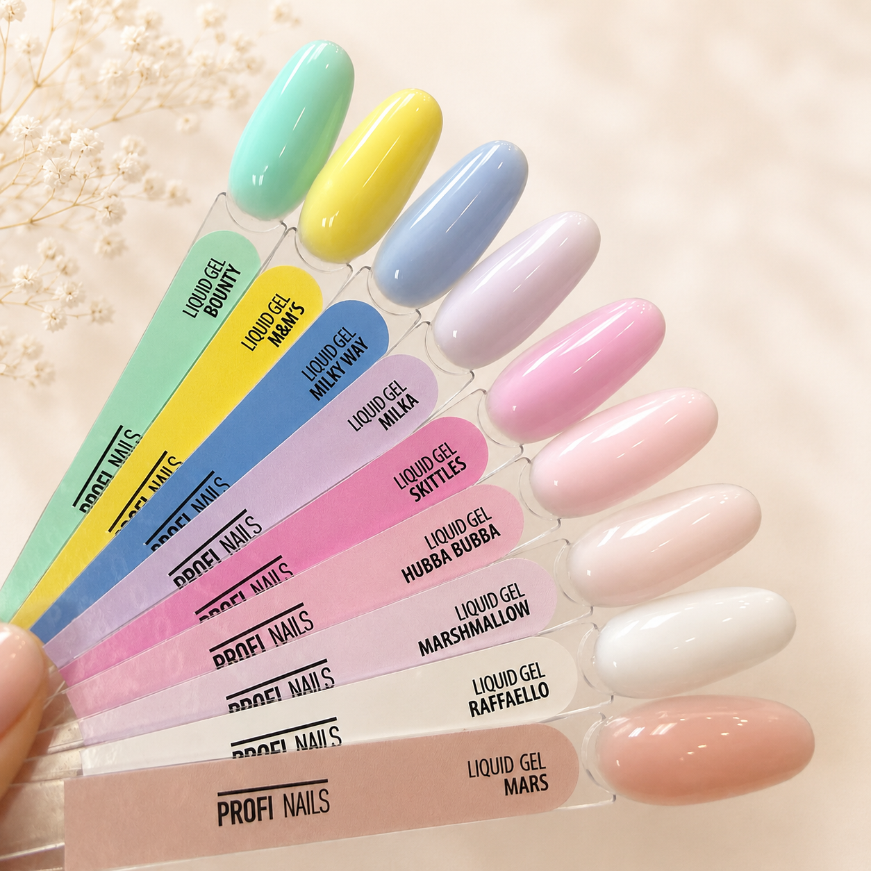 Profi Nails Candy Collection featuring nine candy-inspired UV/LED liquid hard gel shades for professional nail services.
