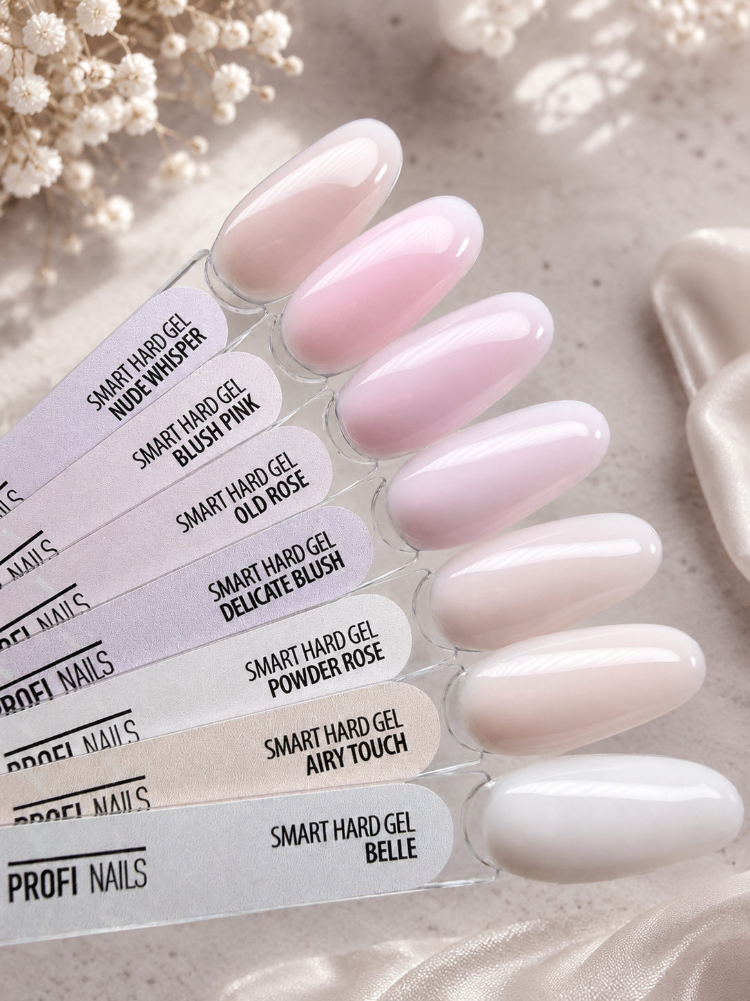 Ballet Aura Collection of Profi Nails Smart Hard Gel pink, blush, rose, and nude shades.
