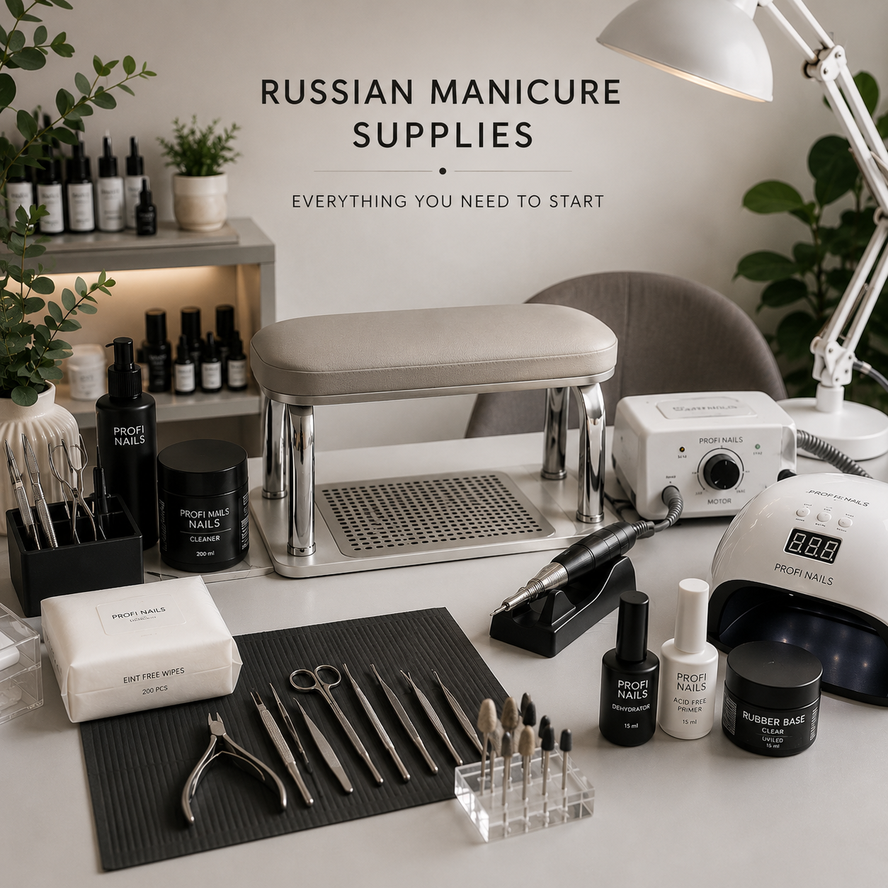 Professional Russian manicure workstation with Profi Nails tools, nail drill, UV LED lamp, cuticle instruments, files, and prep products.