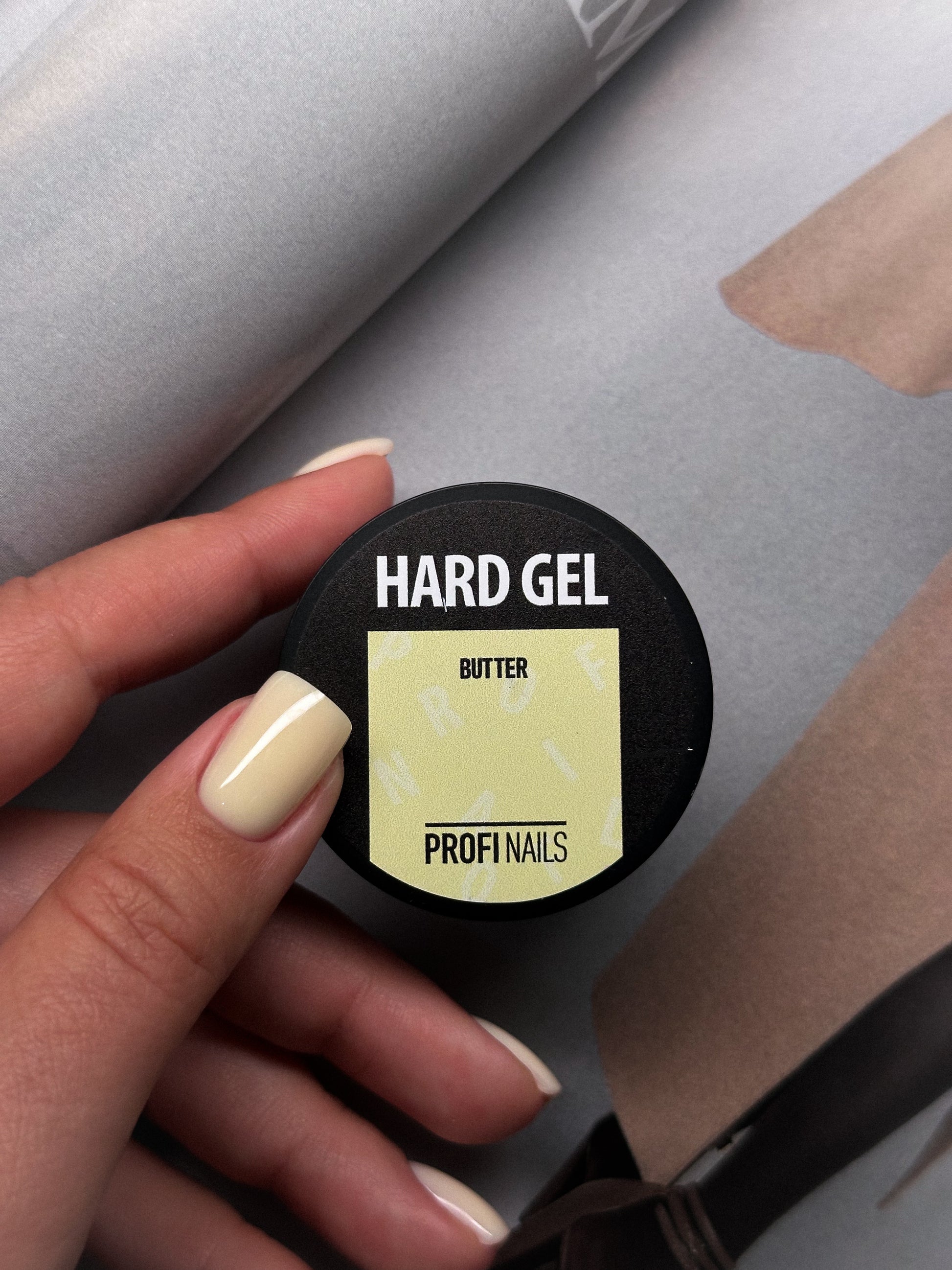 Professional Butter hard gel for pastel yellow nail overlays