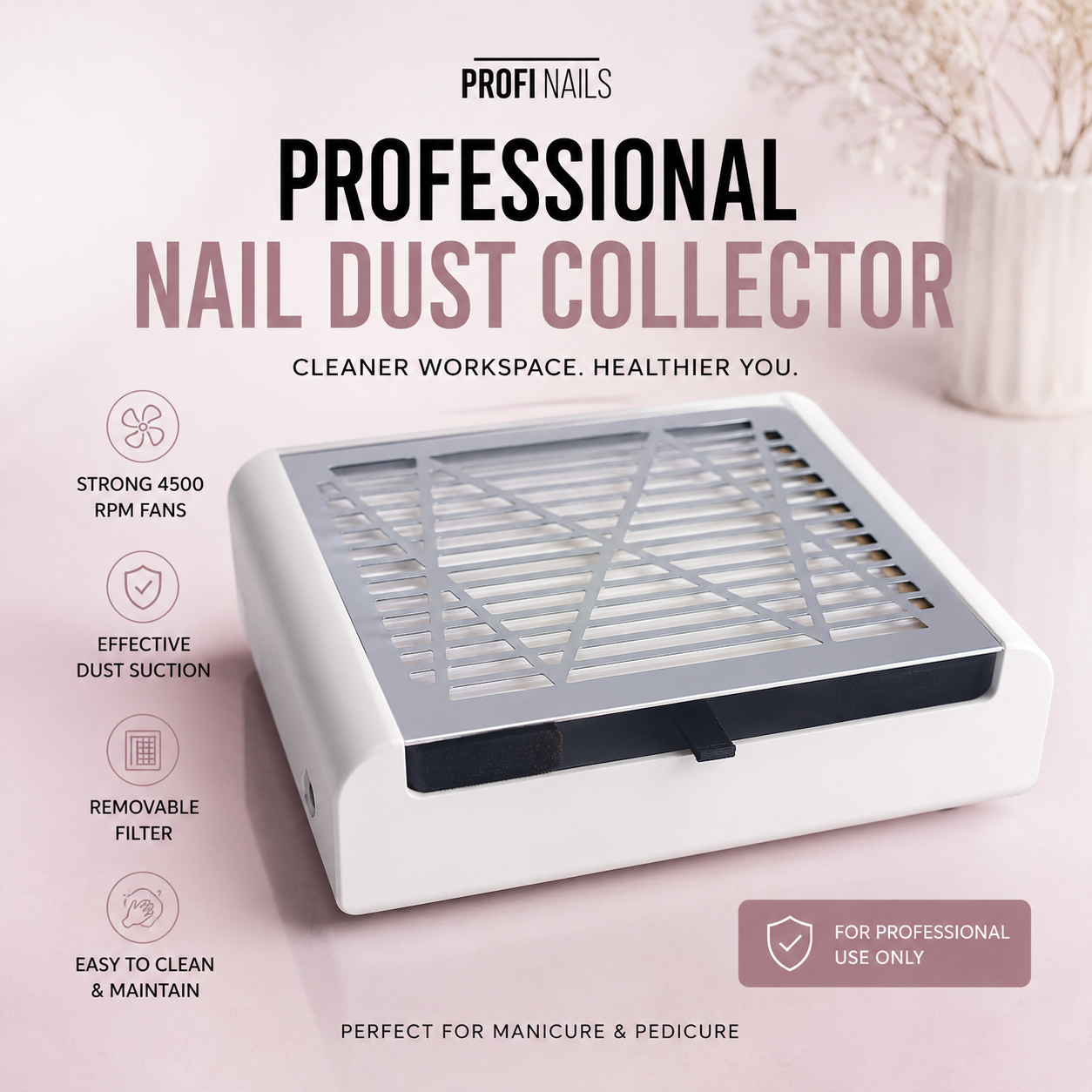 Professional nail dust collector with removable filter for manicure and pedicure salons