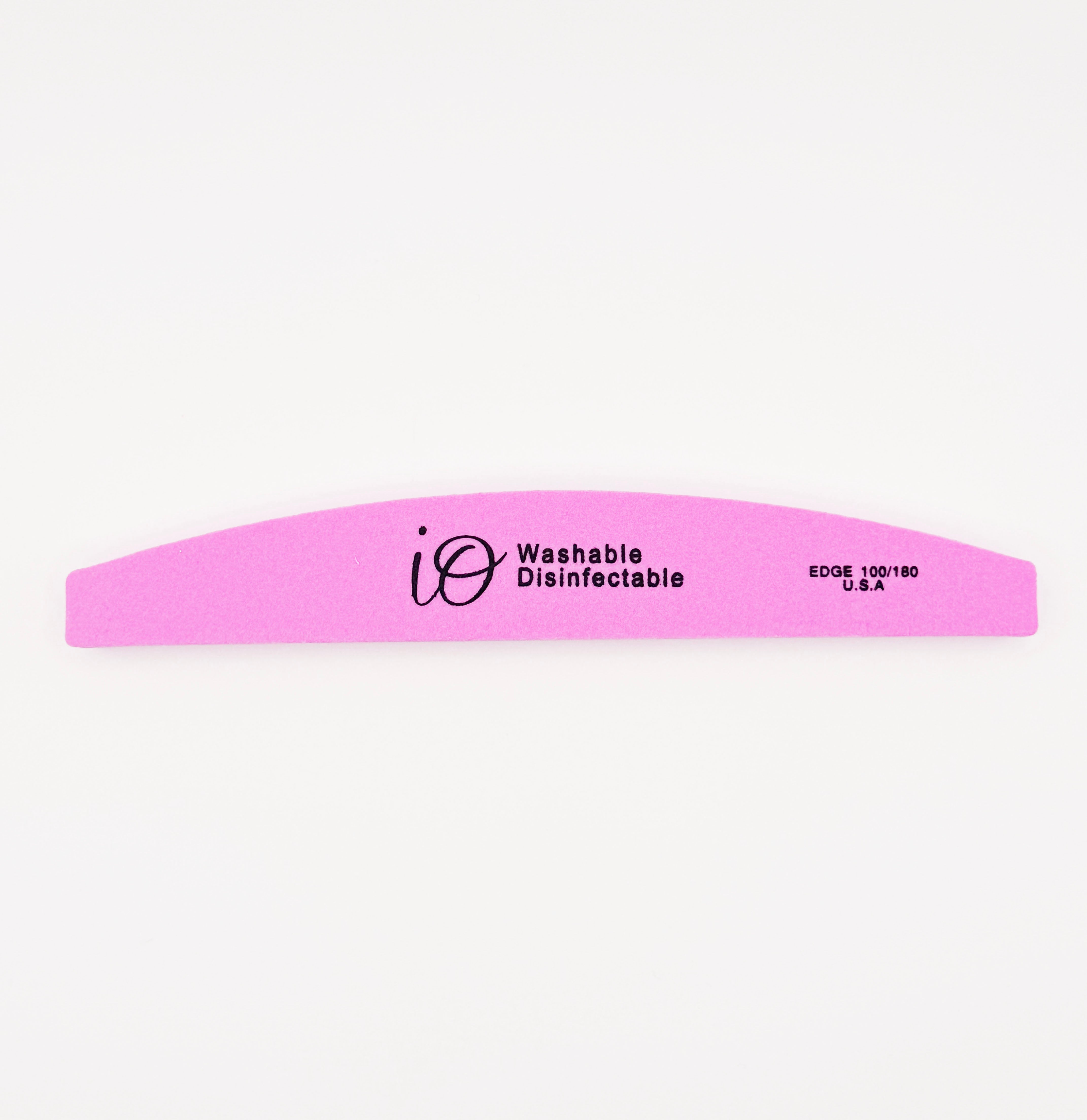 IO Professional Nail File 100/180 Grit – Washable & Disinfectable Half-Moon Emery Board, Pink