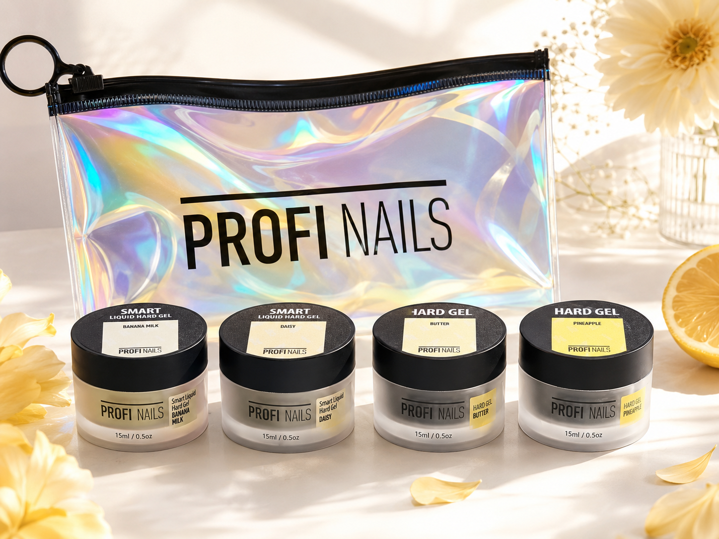 Profi Nails Yellow Hard Gel Comparison Bundle with four 15 ml gels and holographic pouch